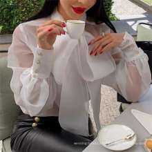 White Lantern Sleeve See Through Bowtie Thin Tulle Women Blouses 2019